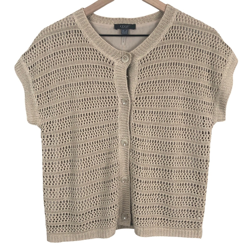 LYSSE New York Linen Blend Crochet Knit Short Sleeve Cardigan Sz M Tan Beige